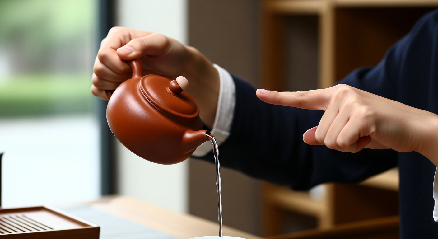 Hình ảnh minh họa cách kiểm tra độ kín của nắp ấm tử sa bằng cách bịt lỗ thông hơi trên núm nắp khi rót nước, dòng nước bị ng