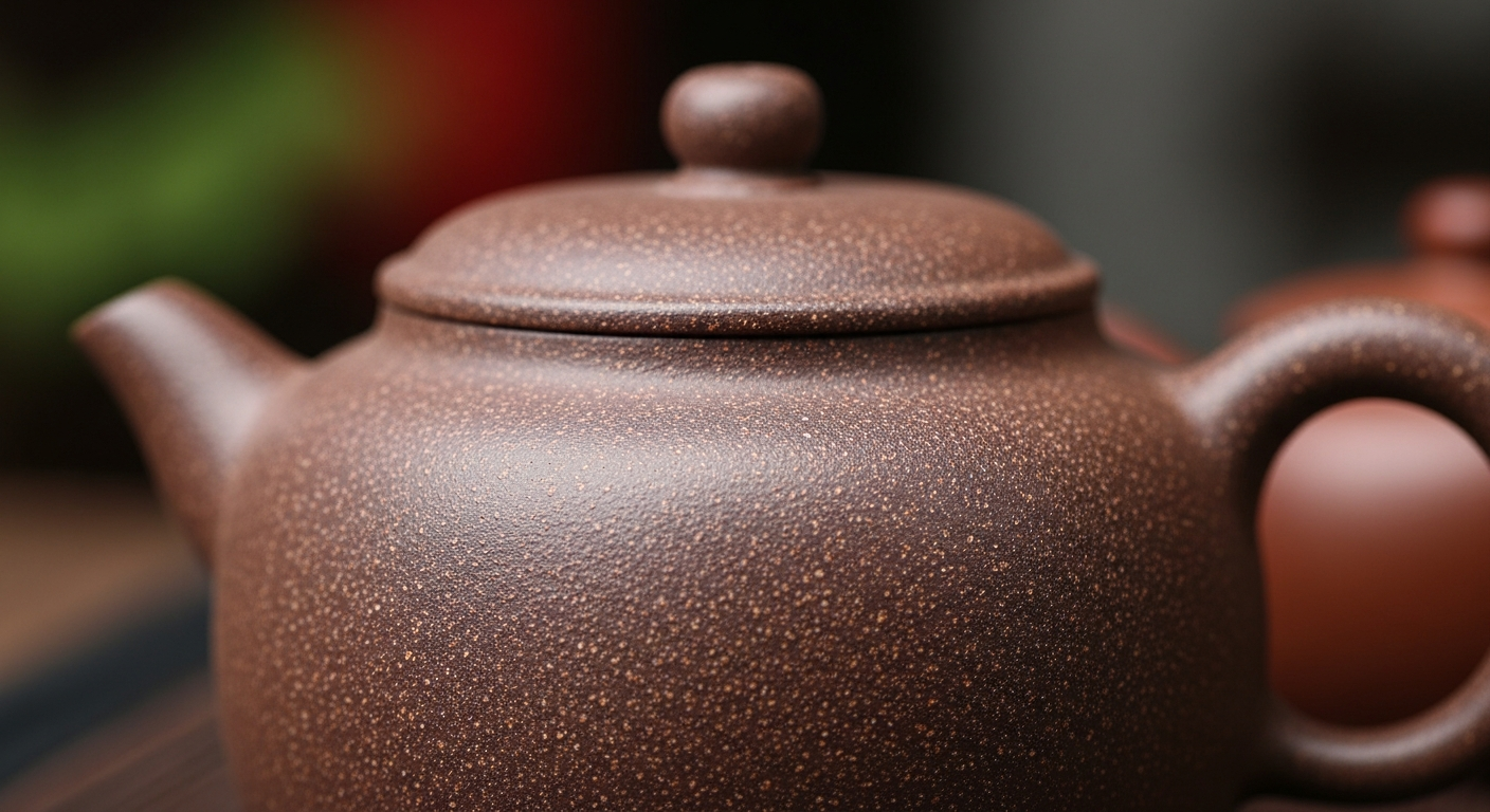 Cận cảnh bề mặt của một chiếc ấm tử sa thật, hiển thị rõ độ nhám mộc mạc và các hạt khoáng (tính cát) li ti dưới ánh sáng tự 