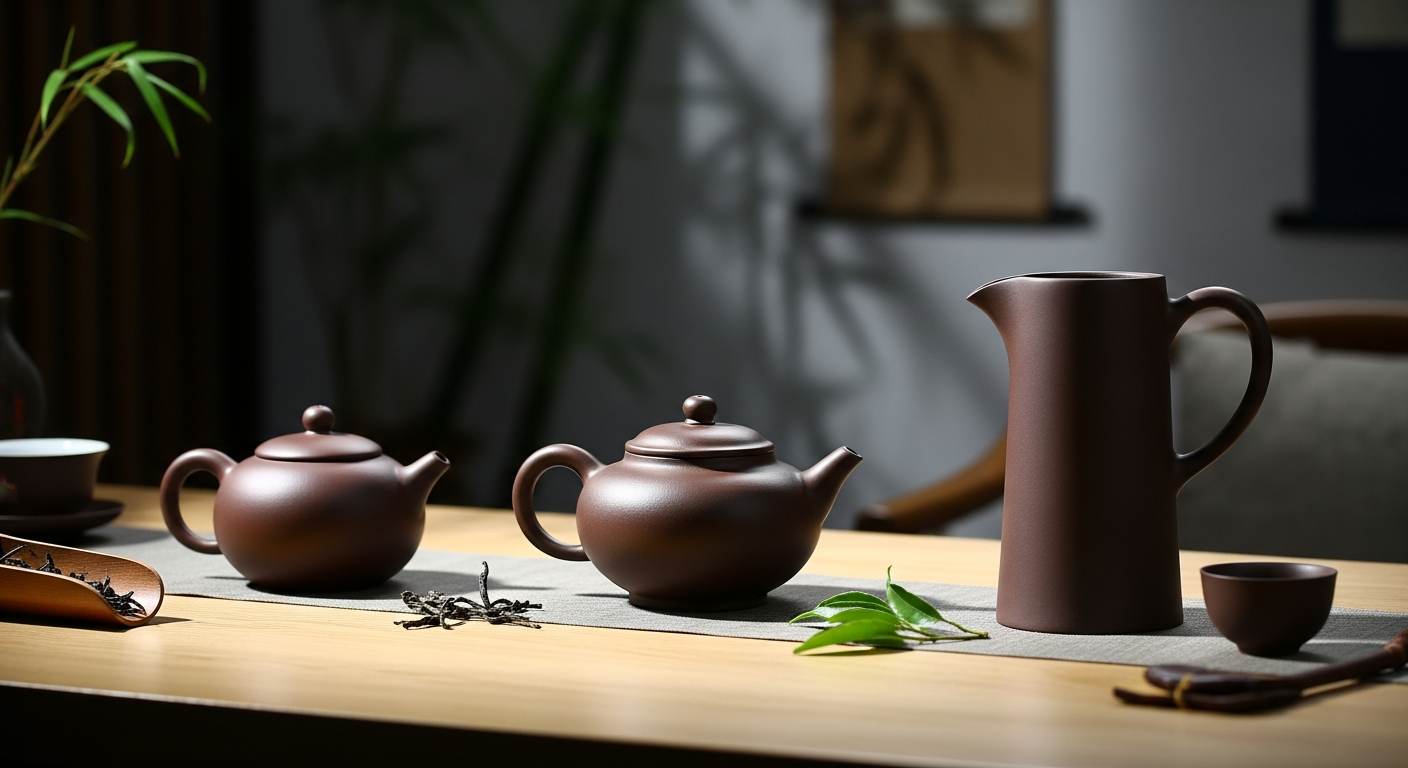 Hình ảnh so sánh các dáng ấm tử sa phổ biến: Dáng Tây Thi (tròn trịa cho trà ô long), dáng Thạch Biều (miệng rộng cho trà xan