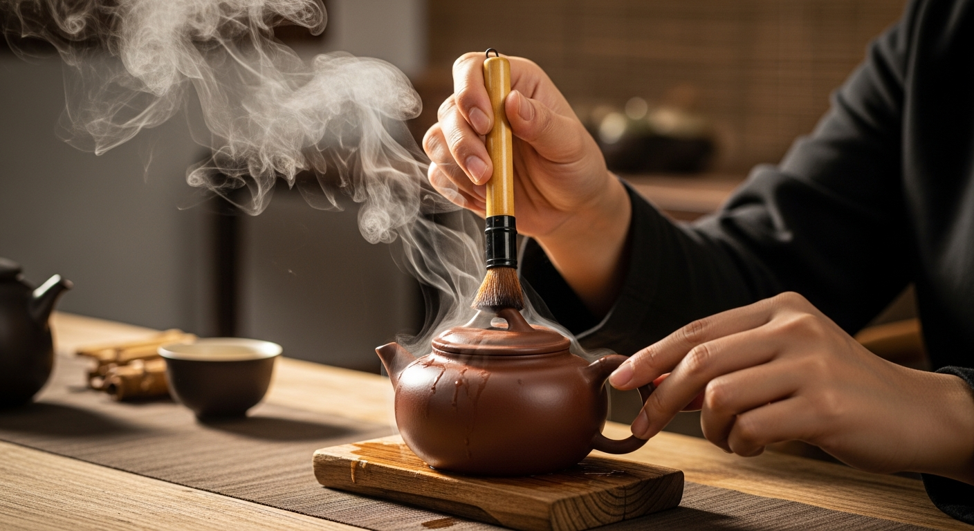 Hình ảnh một người đang dùng chổi lông mềm (dưỡng hồ bút) quét nước trà lên bề mặt chiếc ấm tử sa đang tỏa khói nghi ngút trê