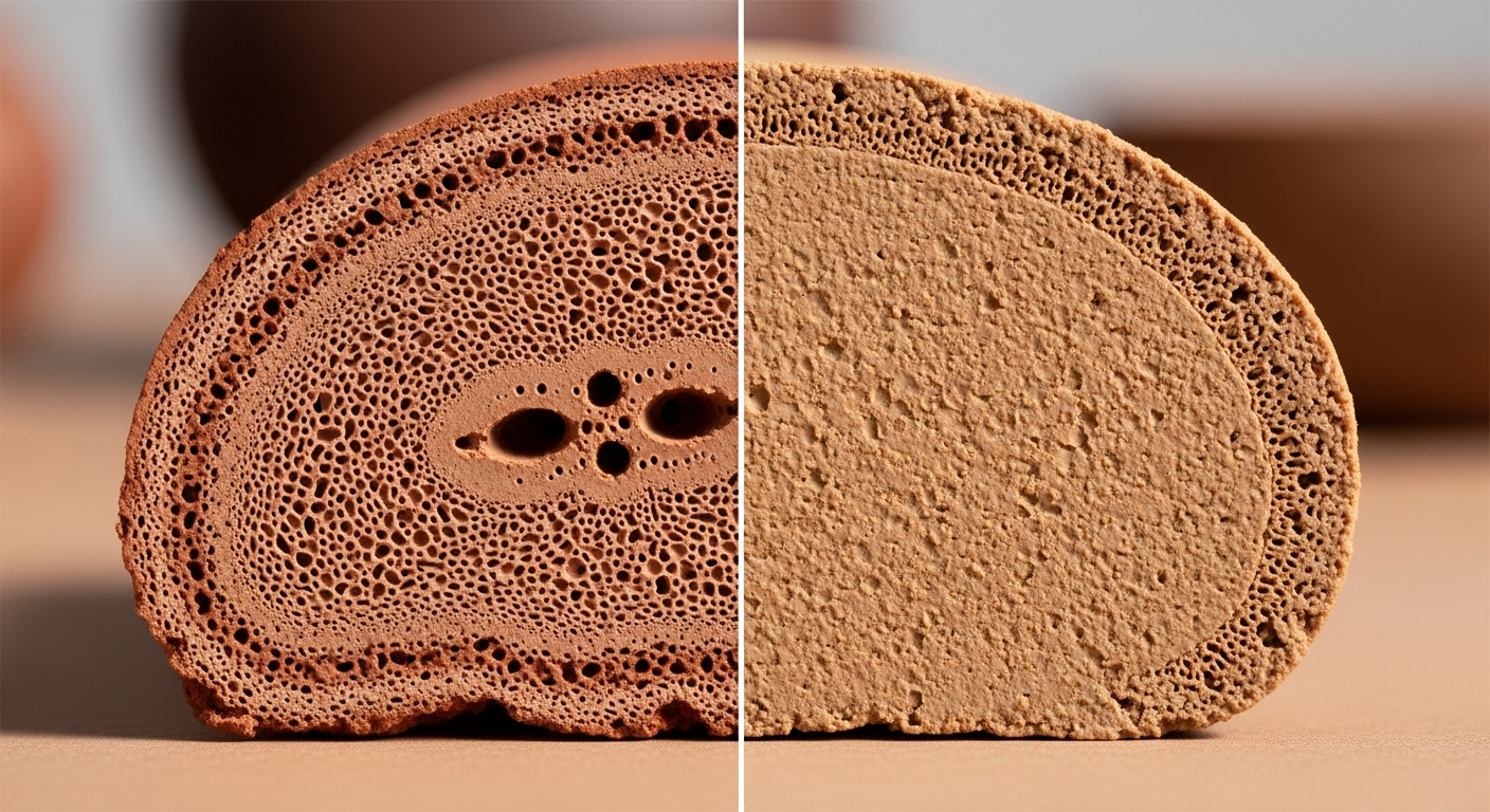 Hình ảnh so sánh cấu trúc mặt cắt của đất tử sa thật với các lỗ xốp kép li ti và đất giả pha hóa chất đặc kịt.