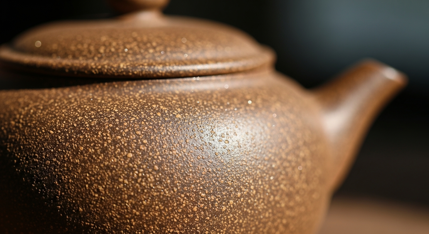 Cận cảnh bề mặt da ấm tử sa thật dưới ánh sáng, cho thấy rõ độ nhám tự nhiên và các hạt khoáng mica lấp lánh.
