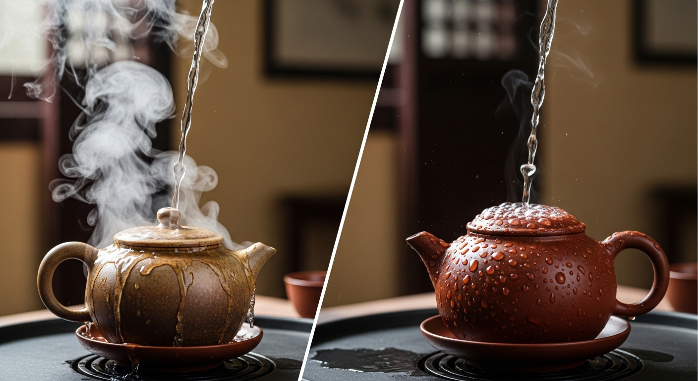 Hình ảnh minh họa bài test dội nước sôi lên ấm: một bên ấm thật nước đang bốc hơi nhanh và thấm đều, một bên ấm giả nước đọng