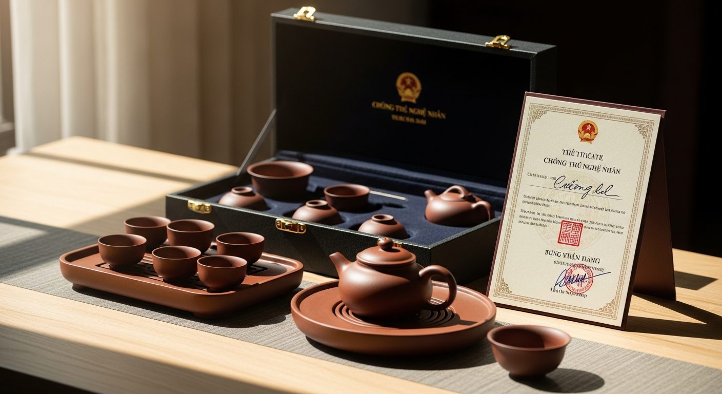 Hình ảnh một bộ ấm tử sa chuẩn tác đi kèm hộp đựng sang trọng, chứng thư nghệ nhân có đóng dấu đỏ và chữ ký rõ ràng.