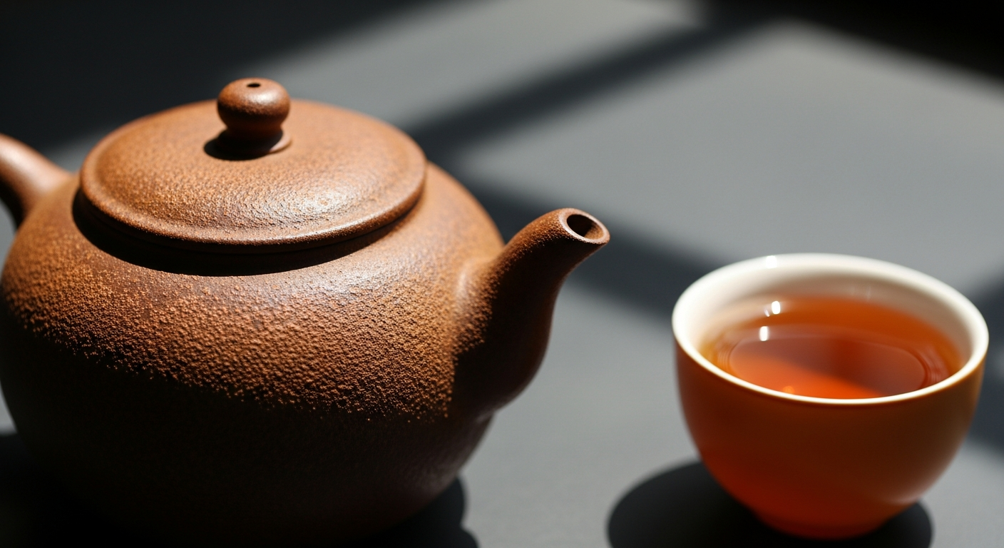 Cận cảnh bề mặt một chiếc ấm tử sa đã được nuôi lâu năm, hiển thị rõ lớp bóng bao tương (patina) tự nhiên, mịn màng, đặt cạnh