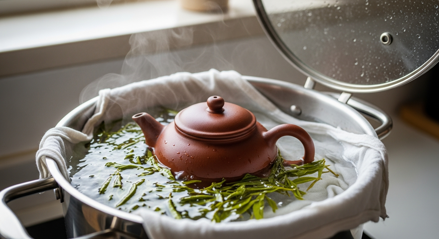 Hình ảnh một chiếc ấm tử sa đang được luộc trong một chiếc nồi nước sôi cùng với lá trà, có lót một chiếc khăn bông trắng ở d