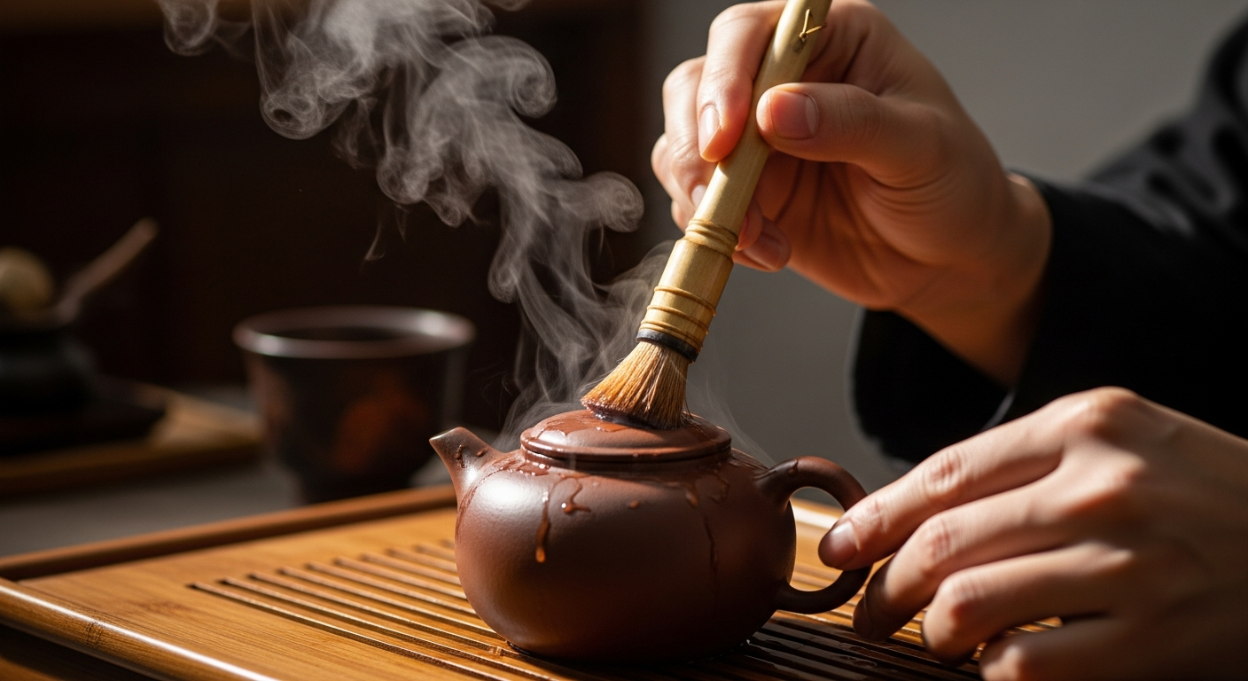 Bàn tay nghệ nhân đang dùng một chiếc chổi dưỡng ấm bằng lông mềm quét đều nước trà lên thân chiếc ấm tử sa đang bốc khói ngh