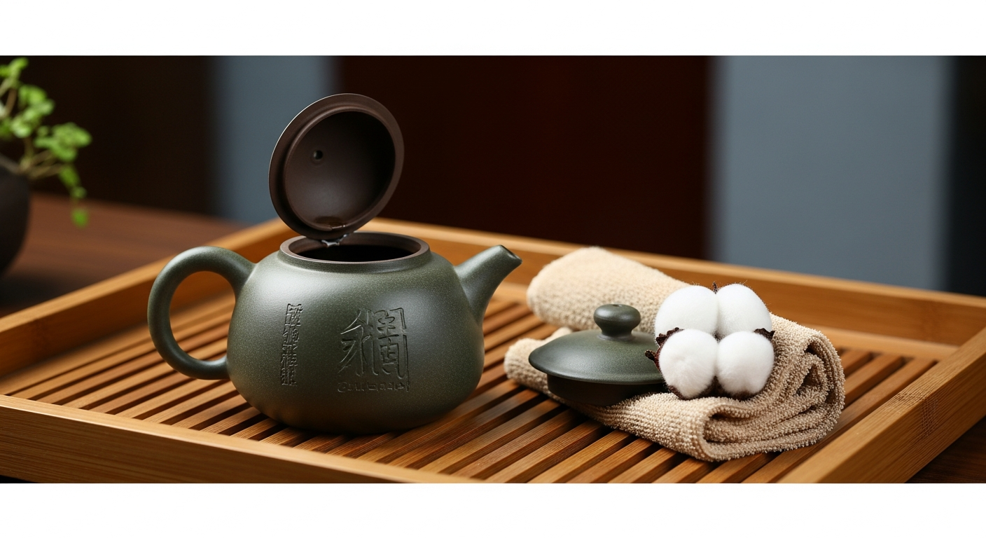 Một chiếc ấm tử sa được vệ sinh sạch sẽ, mở nắp để khô tự nhiên trên một chiếc kệ tre thoáng mát, bên cạnh là một chiếc khăn 