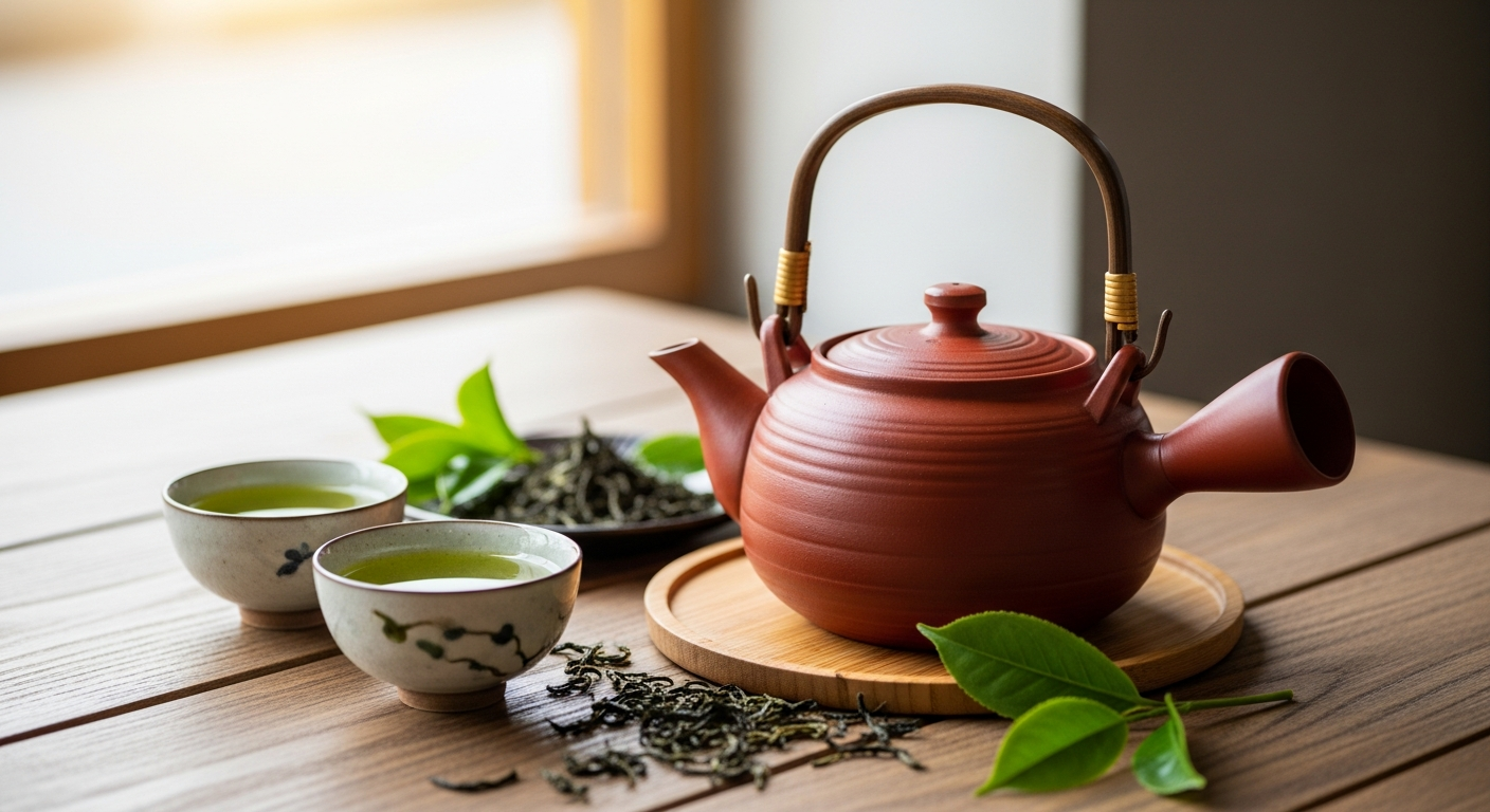 Hình ảnh một chiếc ấm Kyusu truyền thống bằng đất nung màu đỏ gạch (Tokoname) đặt trên bàn gỗ, bên cạnh là chén trà xanh Senc