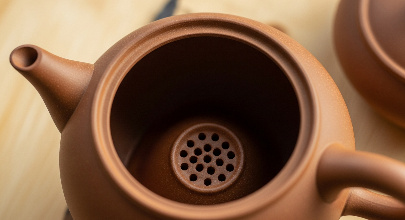 Cận cảnh góc chụp từ trên xuống bên trong lòng ấm Kyusu, cho thấy rõ chi tiết lưới lọc bằng gốm (Sasame) được đục lỗ tỉ mỉ ng