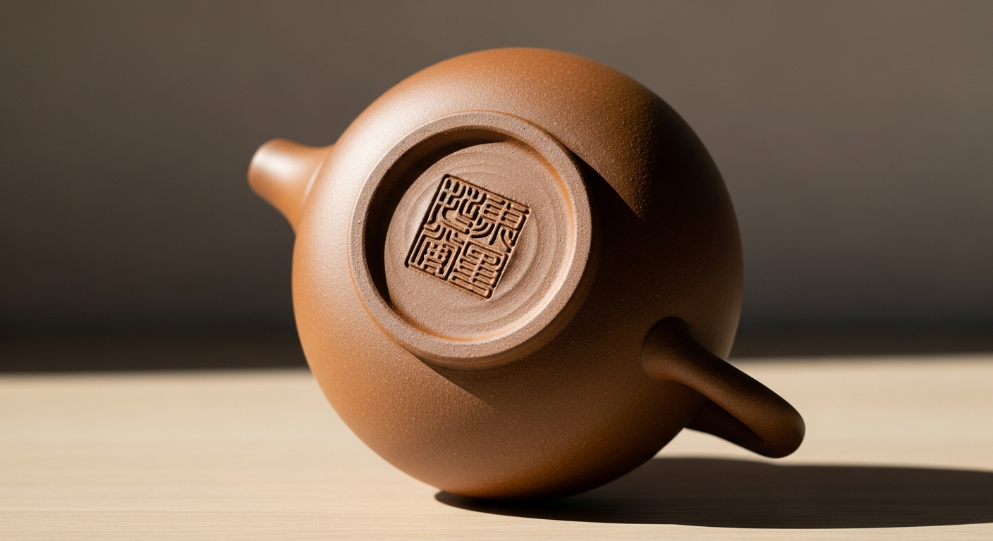 Hình ảnh lật ngửa đáy của một chiếc ấm Kyusu thủ công, hiển thị rõ nét dấu triện lò (mộc) của nghệ nhân được đóng chìm vào lớ