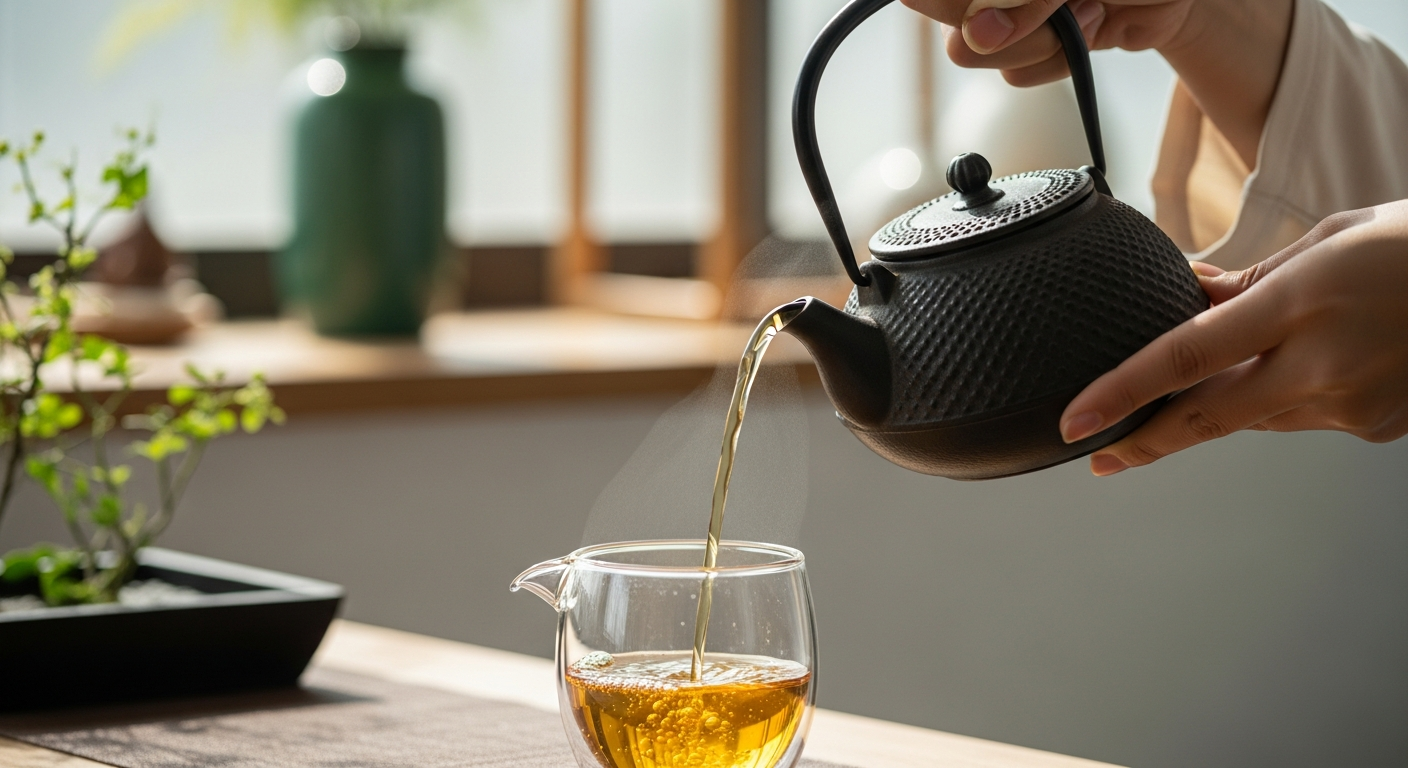 Hình ảnh một người đang cầm ấm Kyusu rót trà Ô Long Việt Nam vào chén tống thủy tinh, dòng nước trà màu vàng óng ả chảy ra từ