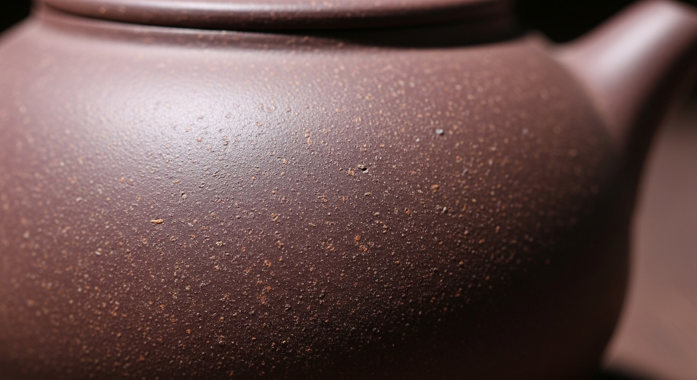 Cận cảnh bề mặt một chiếc ấm tử sa nguyên bản, hiển thị rõ cấu trúc hạt khoáng (hạt sa) lấm tấm trên nền đất màu nâu tím mộc 