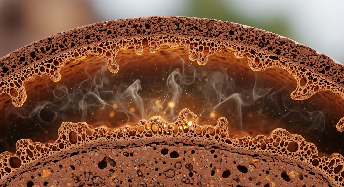 Hình ảnh minh họa cấu trúc mặt cắt vi mô của đất tử sa, cho thấy các lỗ khí kép đan xen giúp giữ nhiệt và lưu giữ tinh dầu tr