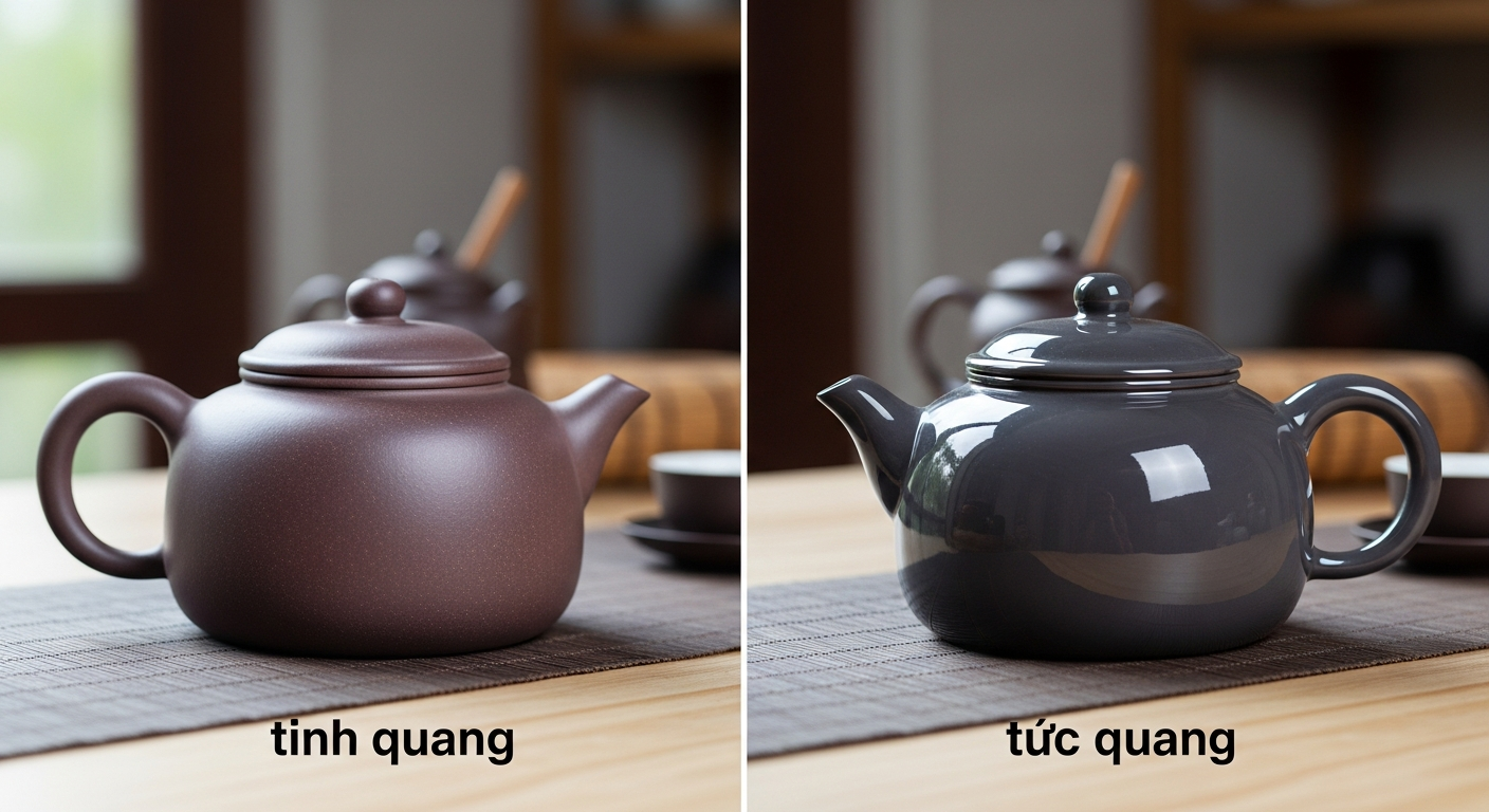 Hình ảnh so sánh trực quan giữa bề mặt ấm tử sa thật (độ bóng mờ tự nhiên - tinh quang) và ấm giả (độ bóng loáng giả tạo do b