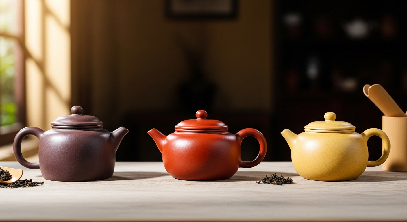 Ba chiếc ấm tử sa đặt cạnh nhau đại diện cho ba loại đất phổ biến: Tử nê (màu nâu tím), Chu nê (màu đỏ son) và Đoàn nê (màu v