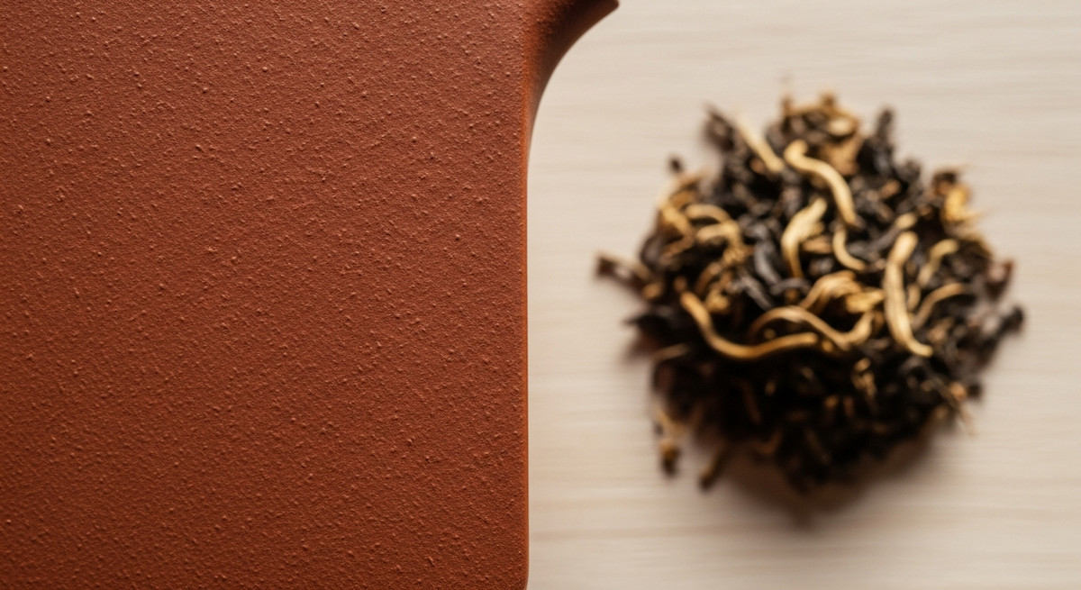 Cận cảnh bề mặt đất tử sa Nghi Hưng xốp mịn, bên cạnh là lá trà khô.