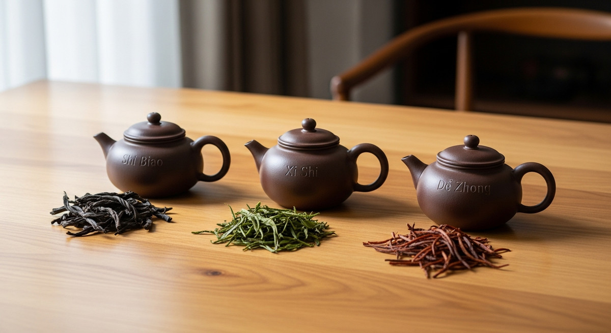 Ba chiếc ấm tử sa dáng Thạch Biều, Tây Thi, Đức Chung đặt cạnh các loại trà khác