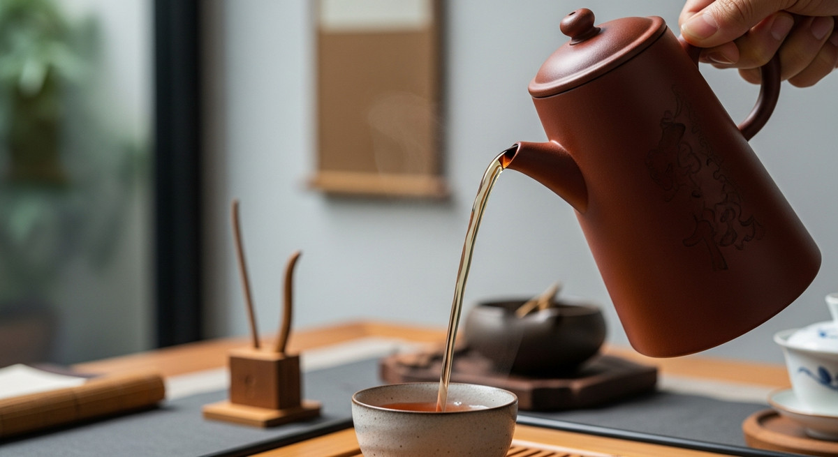 Ấm tử sa dáng cao thành dày đang rót nước trà phổ nhĩ màu đỏ đậm ra chén.