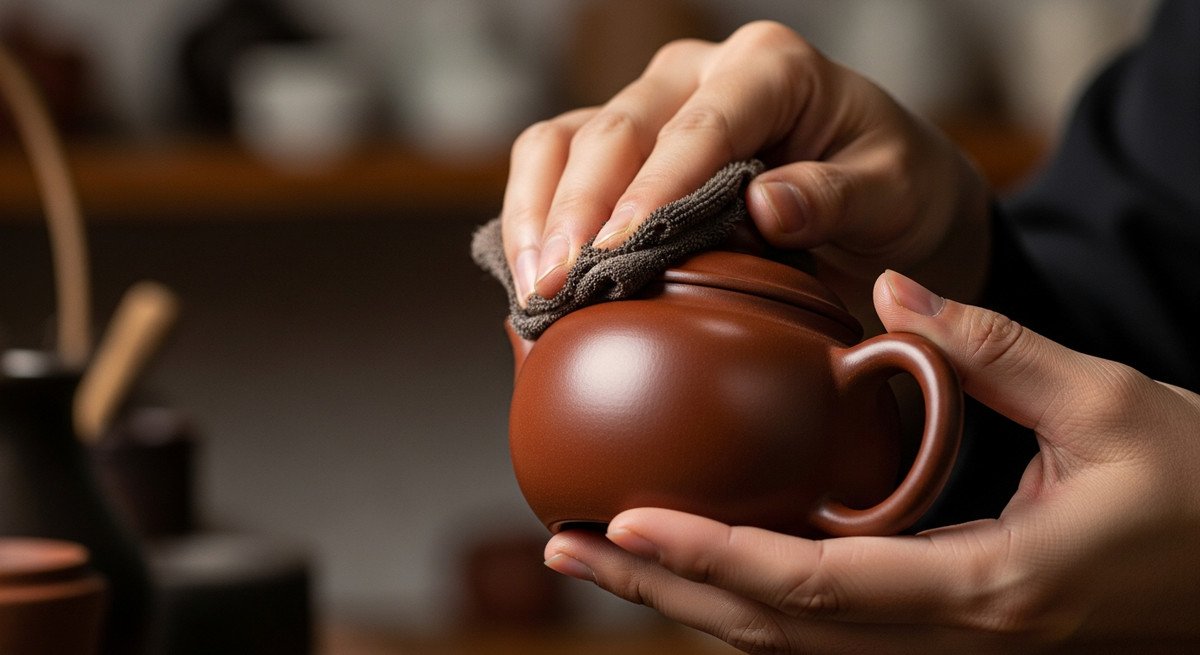 Bàn tay nghệ nhân đang dùng khăn mềm lau nhẹ bề mặt ấm tử sa bóng bẩy.