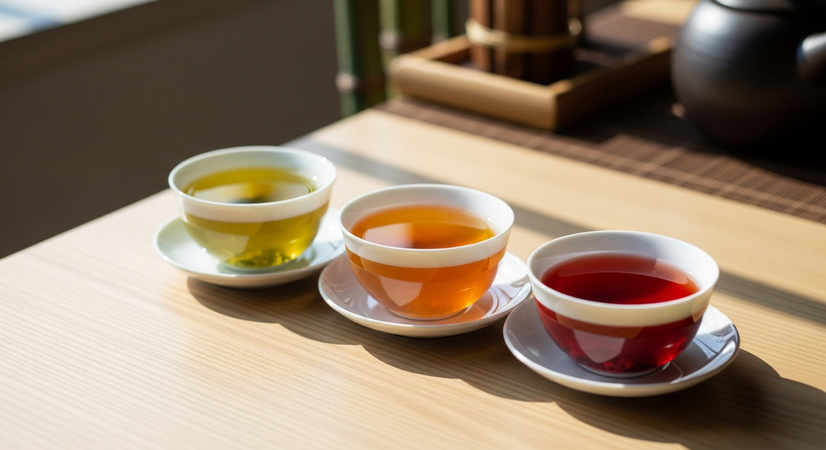 Ba chén trà với màu nước khác biệt: xanh vàng, vàng sậm và đỏ hồng ngọc.