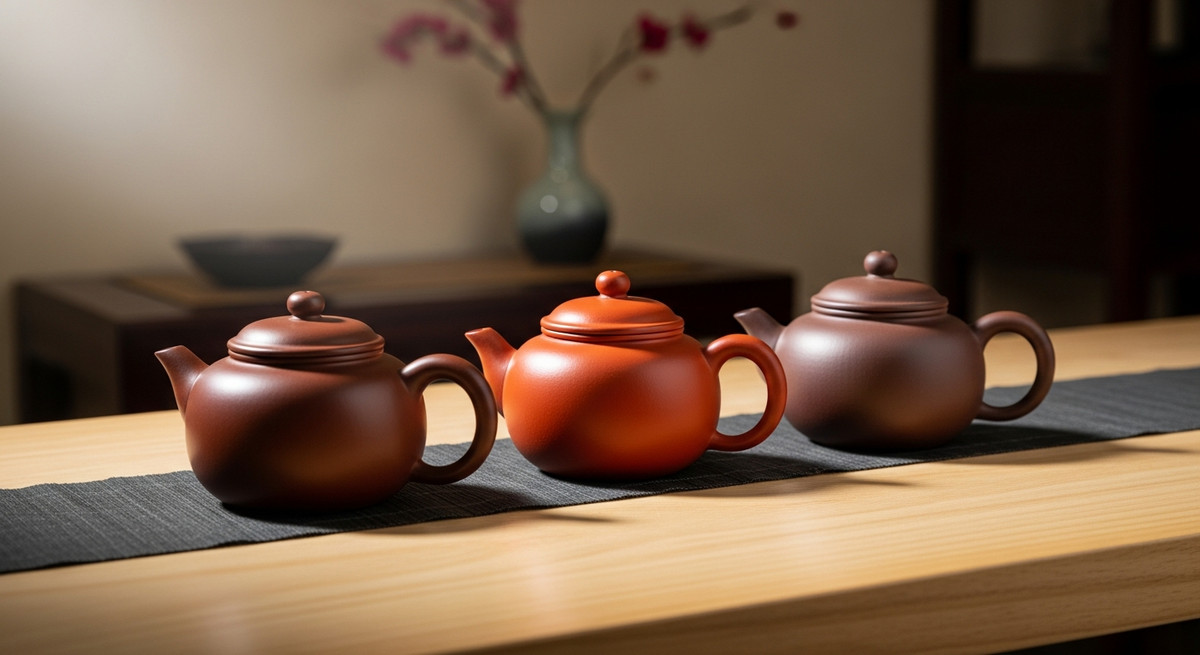 Ba chiếc ấm tử sa đặt cạnh nhau với ba màu sắc đặc trưng: nâu tím, đỏ và