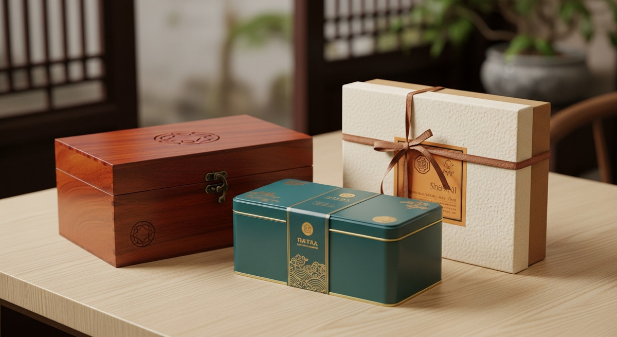 Ba hộp trà quà tặng cao cấp với thiết kế khác nhau: hộp gỗ, hộp thiếc và hộp