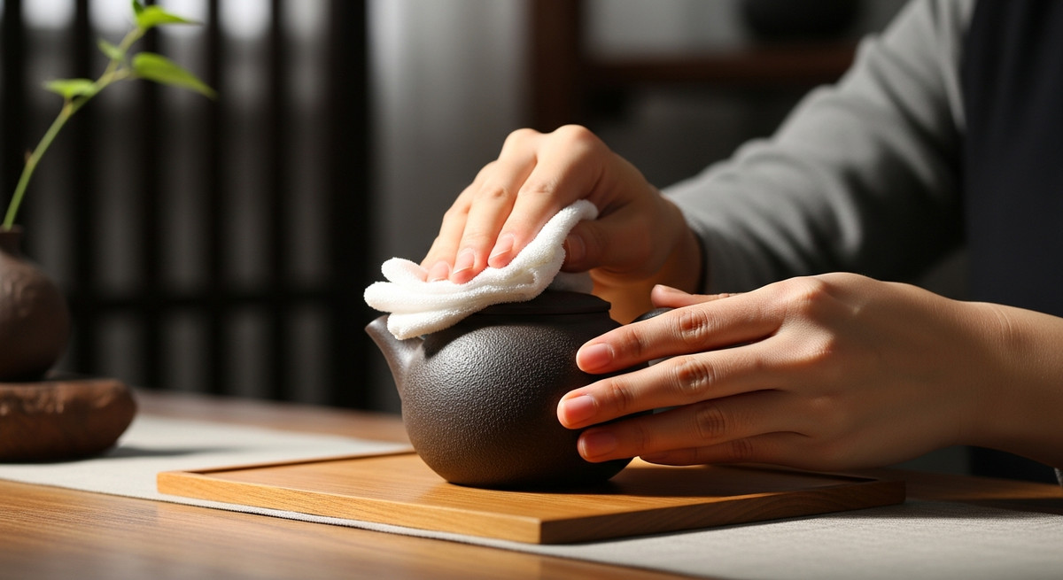 Bàn tay đang dùng khăn cotton mềm lau chùi bề mặt ngoài của chiếc ấm Tử Sa đang