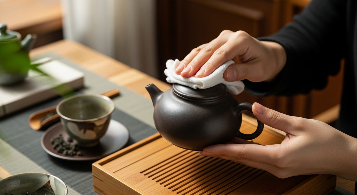 Bàn tay người pha trà đang dùng khăn bông mềm lau nhẹ nhàng bề mặt ngoài của ấm