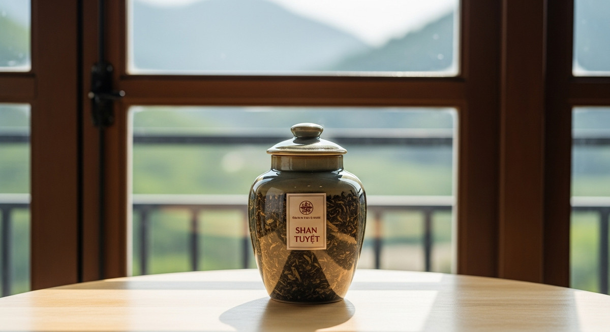 Bảo quản trà Shan Tuyết trong hũ gốm sứ kín nắp, đặt trên bàn gỗ cạnh cửa sổ.