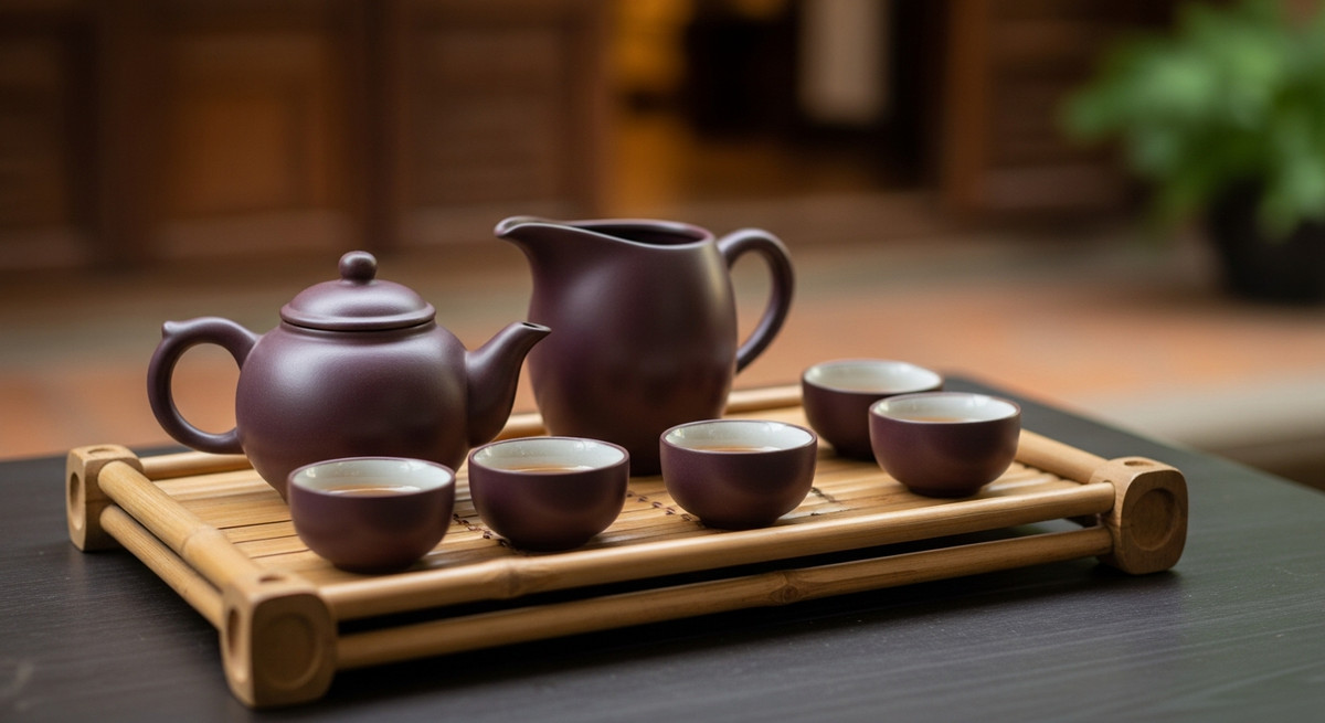 Bộ trà cụ gồm ấm tử sa, chén tống, chén quân và khay trà bằng tre mộc mạc.