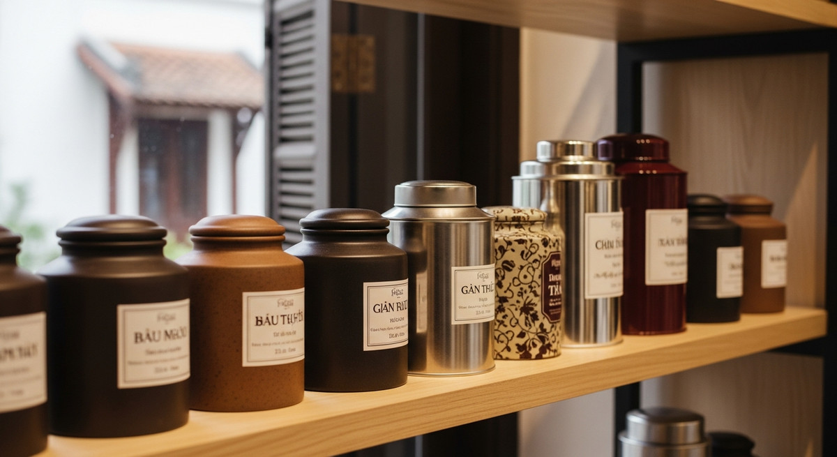 Các hũ đựng trà bằng gốm sứ và thiếc cao cấp được xếp gọn gàng trên kệ gỗ.