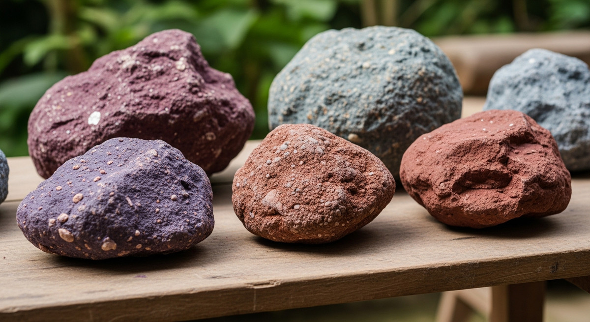 Các khối quặng đất tử sa thô chưa qua xử lý với màu sắc tím, đỏ, xanh tự