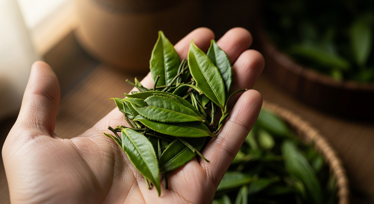 Cận cảnh bàn tay đang nâng niu kiểm tra những búp trà xanh khô nguyên vẹn, chất lượng