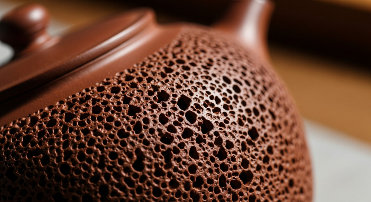 Cận cảnh bề mặt đất sét của ấm Tử Sa phóng to, cho thấy cấu trúc lỗ khí