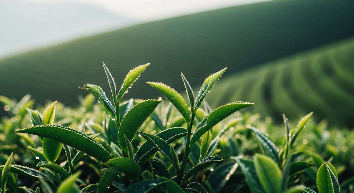 Cận cảnh búp trà non tươi xanh mướt còn đọng sương mai trên đồi trà vùng cao.