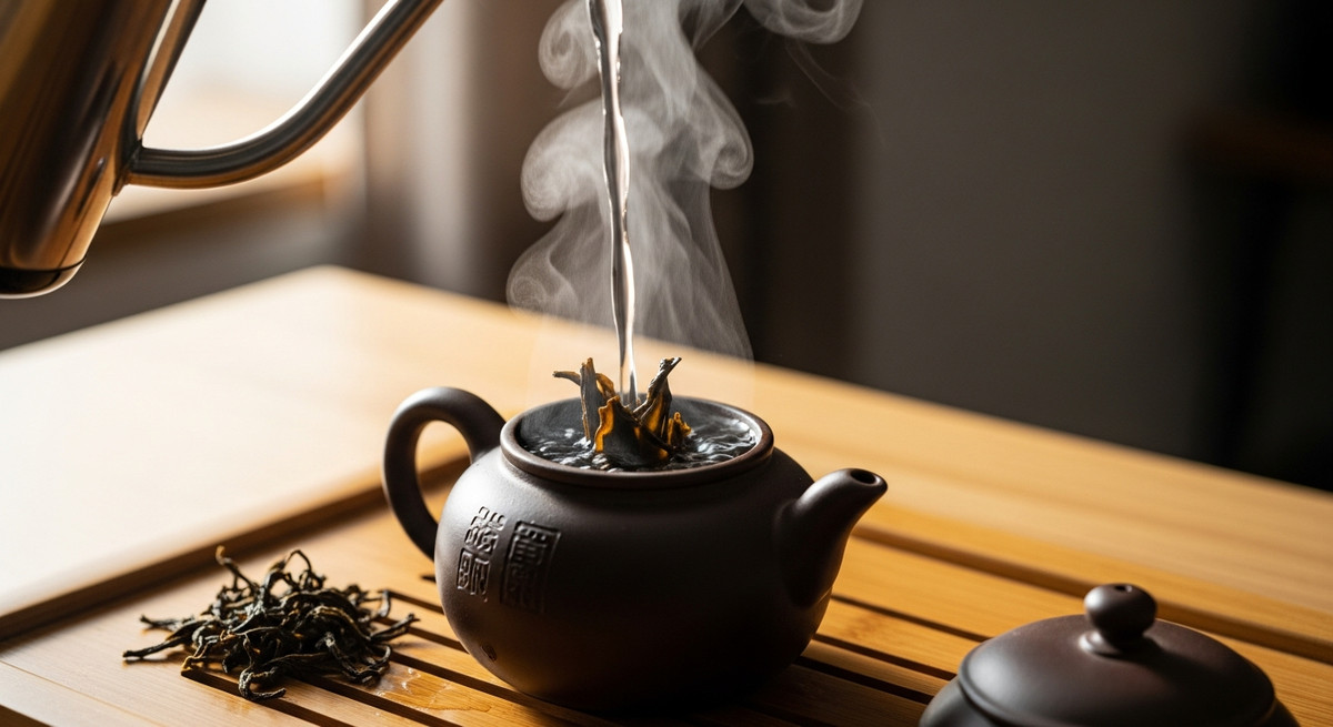 Cận cảnh dòng nước nóng rót từ ấm đun vào ấm tử sa để đánh thức lá trà.