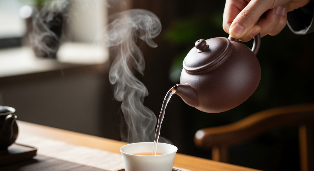 Cảnh rót trà từ ấm tử sa màu nâu tím ra chén sứ nhỏ, khói bay nghi ngút.