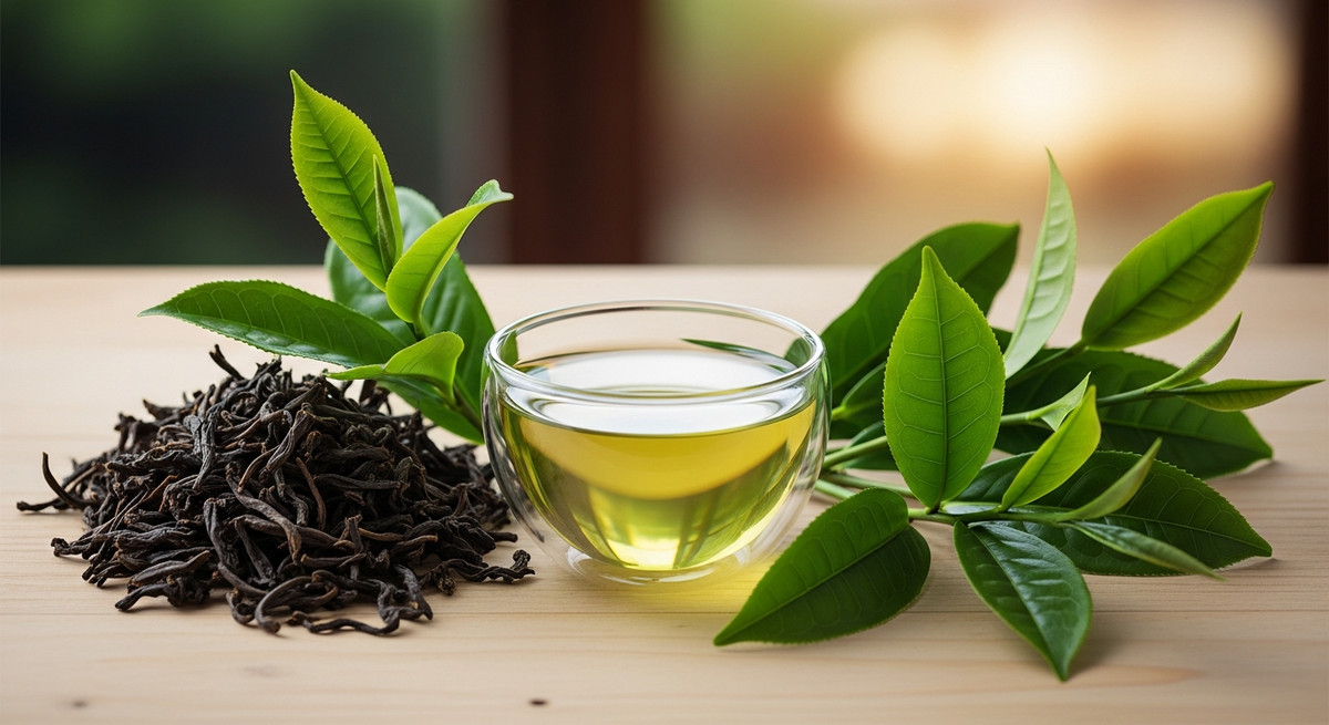 Cánh trà khô nguyên vẹn, chén nước trà xanh vàng trong vắt và lá trà tươi.