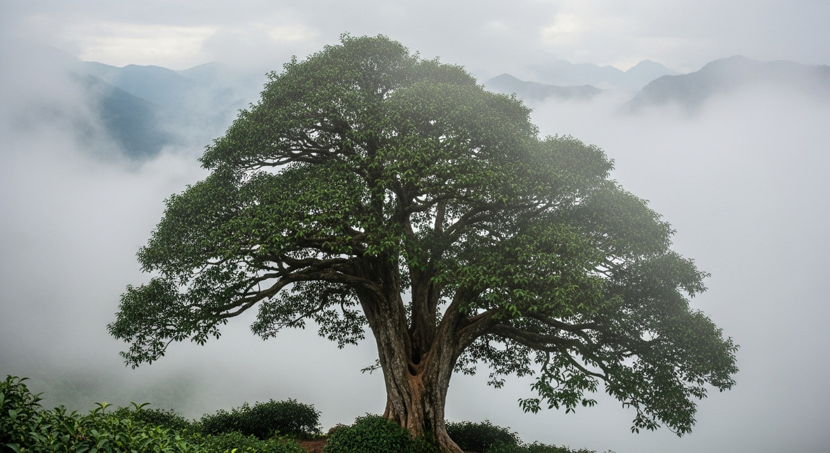 Cây trà Shan Tuyết cổ thụ thân to xù xì mọc giữa sương mù trên núi cao Tây