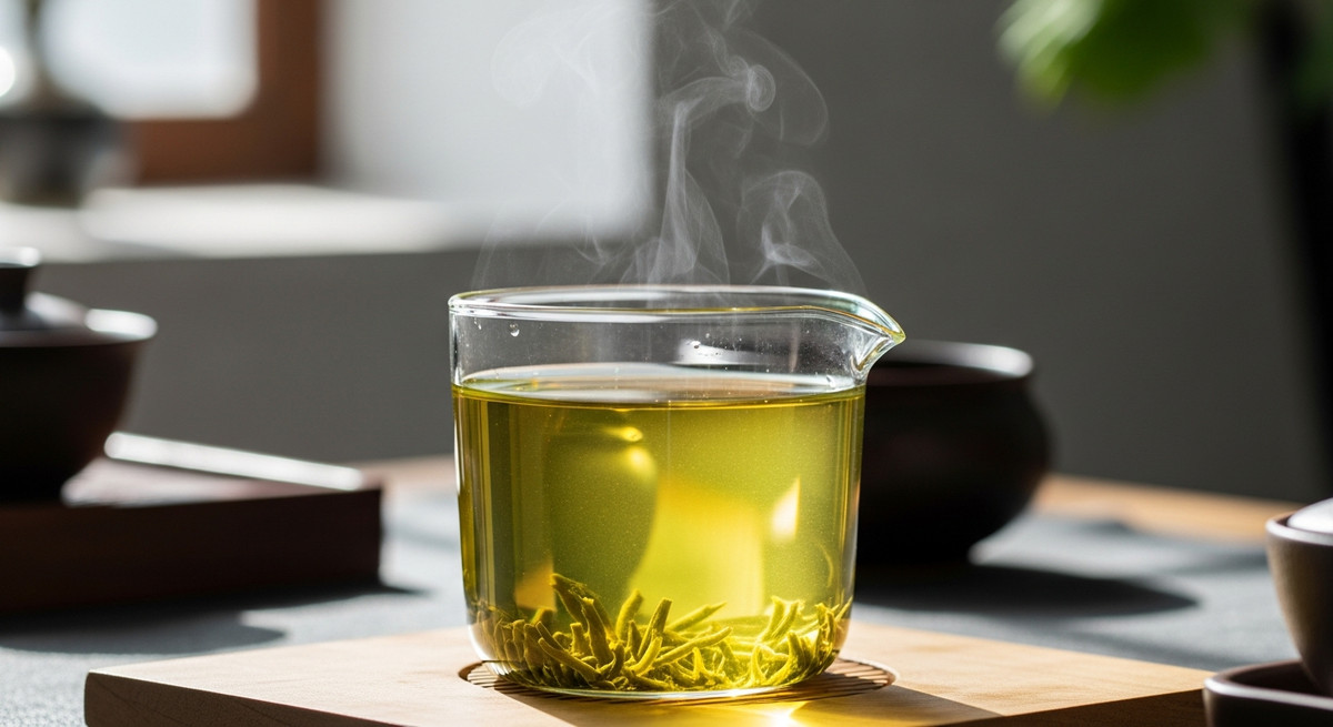 Chén tống rót nước trà trong vắt màu vàng xanh óng ả, khói bốc lên nhẹ nhàng thanh