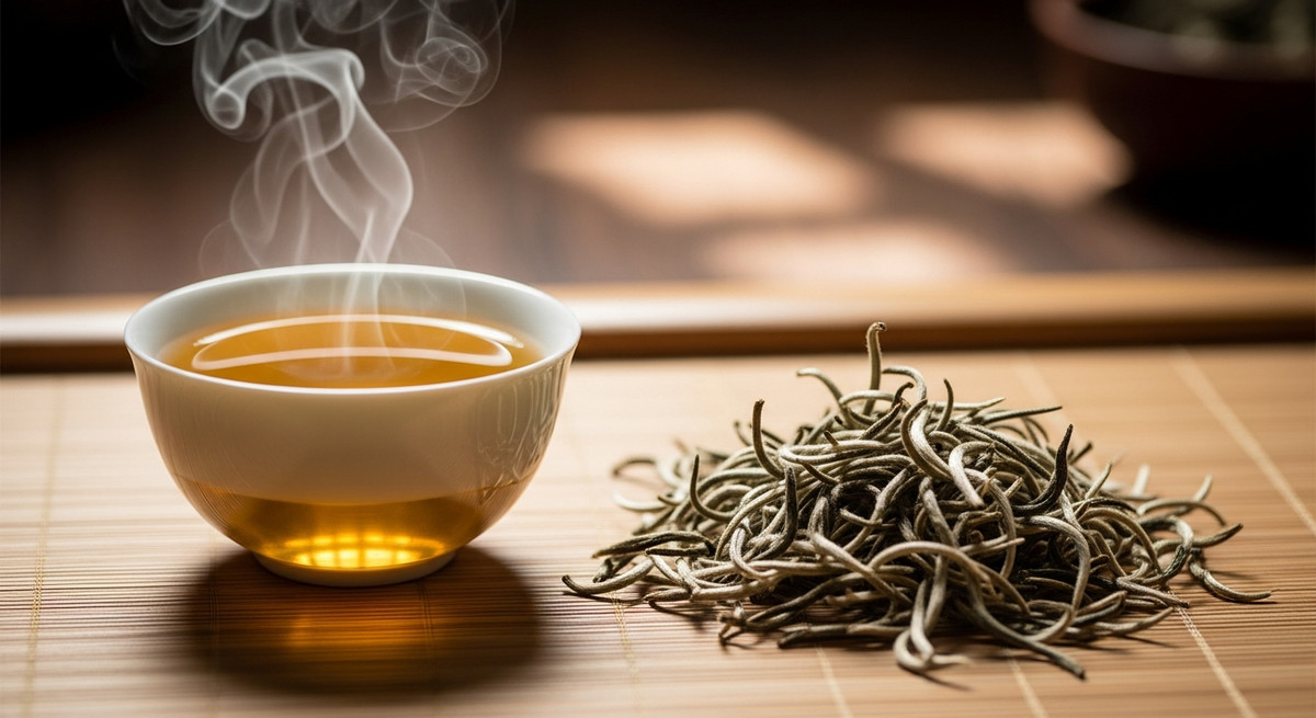 Chén trà Shan Tuyết màu vàng óng ánh, trong trẻo đặt cạnh những búp trà khô phủ lông