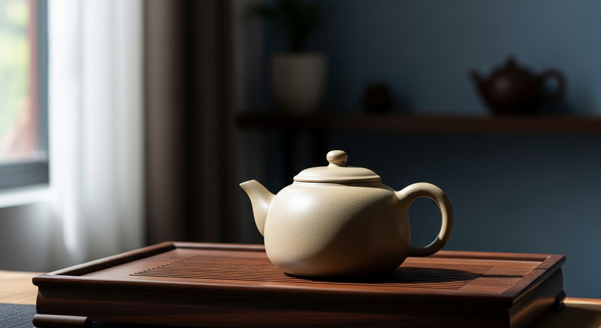 Chiếc ấm Tử Sa bóng bẩy, lên bao tương đẹp mắt được đặt trang trọng trên khay trà