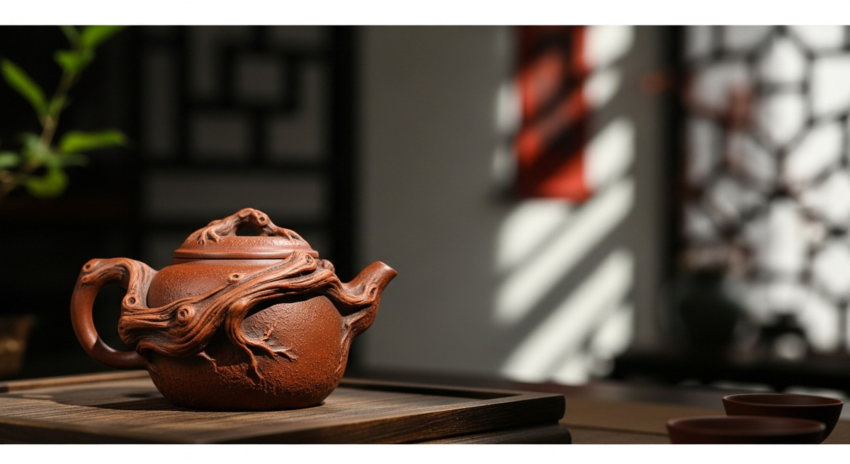 Chiếc ấm tử sa cổ dáng Cung Xuân mô phỏng hình bướu cây sần sùi, đậm chất wabi-sabi.