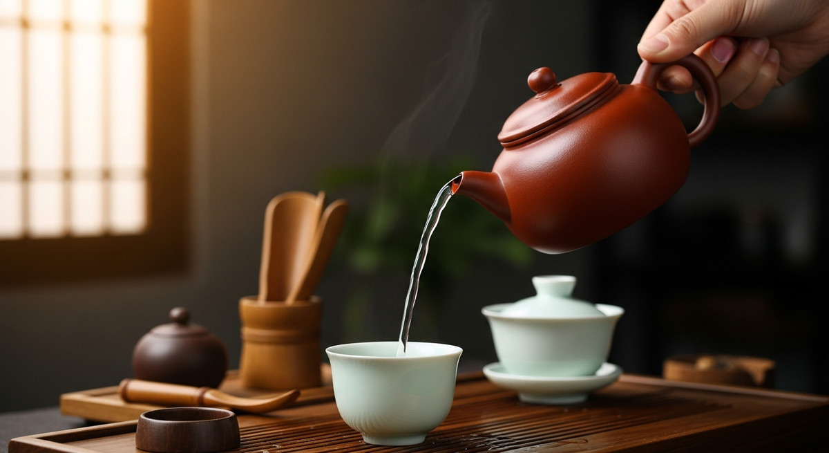 Dòng nước rót ra từ vòi ấm tử sa tròn đều, mượt mà không bị ngắt quãng hay