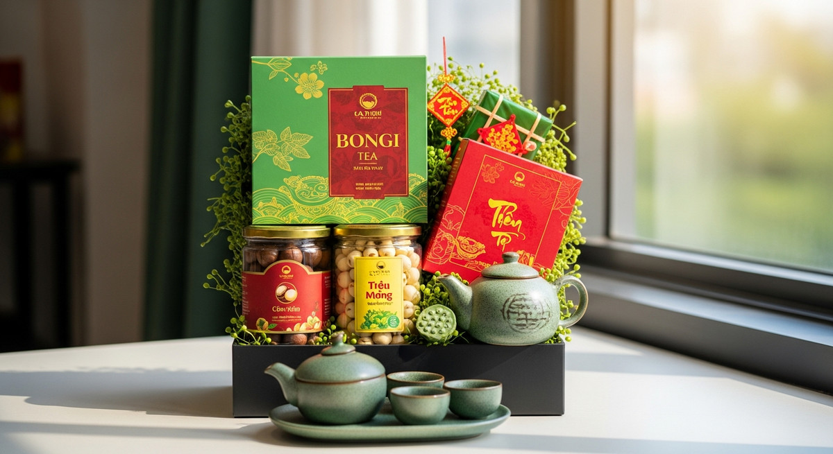 Giỏ quà Tết sang trọng gồm hộp trà cao cấp, hũ hạt macca, mứt sen và bộ ấm