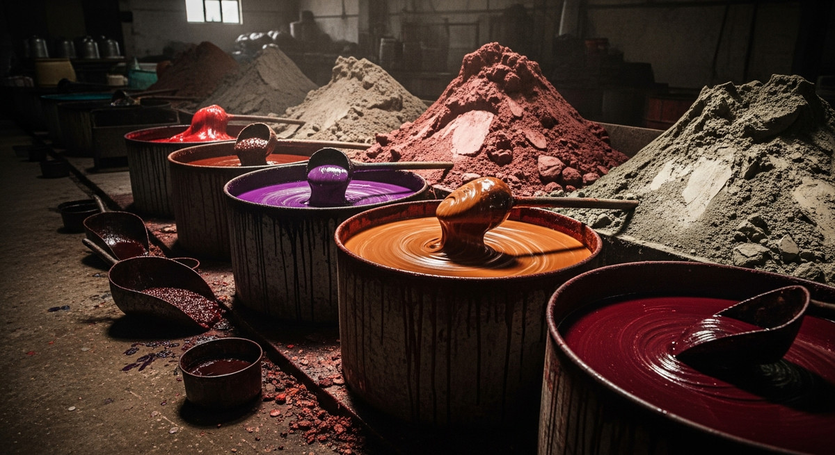 Hình ảnh minh họa các thùng hóa chất tạo màu công nghiệp dùng để nhuộm đất làm ấm