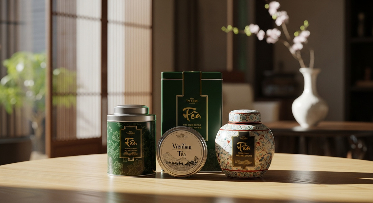 Hộp trà thượng hạng bằng thiếc và gốm sứ sang trọng được bày trí đẹp mắt làm quà