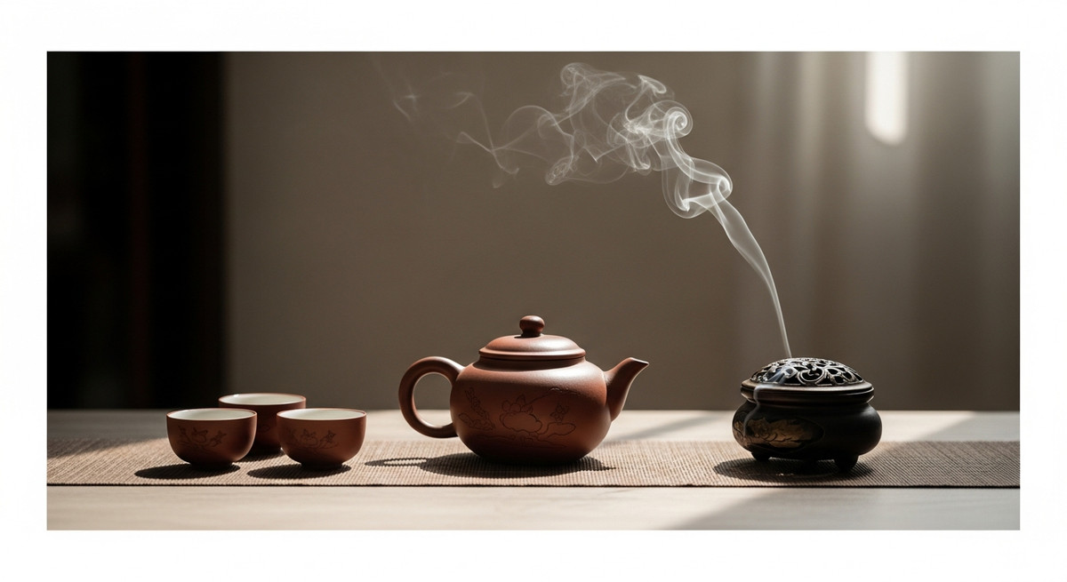 Không gian trà đạo tĩnh lặng với ấm tử sa, chén trà, và một lư hương trầm đang