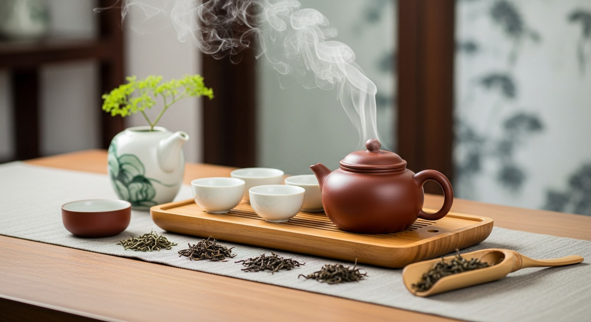 Một bàn trà truyền thống Việt Nam với ấm tử sa, chén sứ và khói trà bay lên
